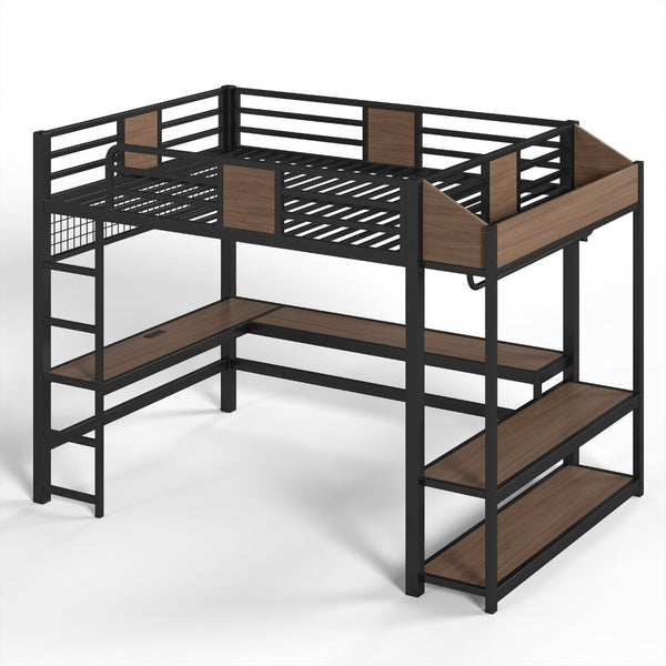 English Elm Queen Metal Loft Bed with L-shaped Desk Storage Shelves Led Lights and Usb Ports W5305S00051