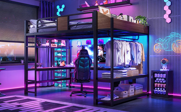 English Elm Queen Metal Loft Bed with L-shaped Desk Storage Shelves Led Lights and Usb Ports W5305S00051