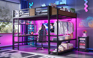 English Elm Queen Metal Loft Bed with L-shaped Desk Storage Shelves Led Lights and Usb Ports W5305S00051