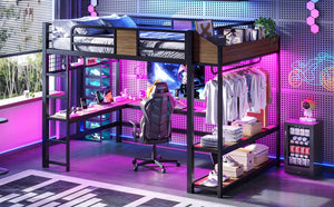 English Elm Queen Metal Loft Bed with L-shaped Desk Storage Shelves Led Lights and Usb Ports W5305S00051