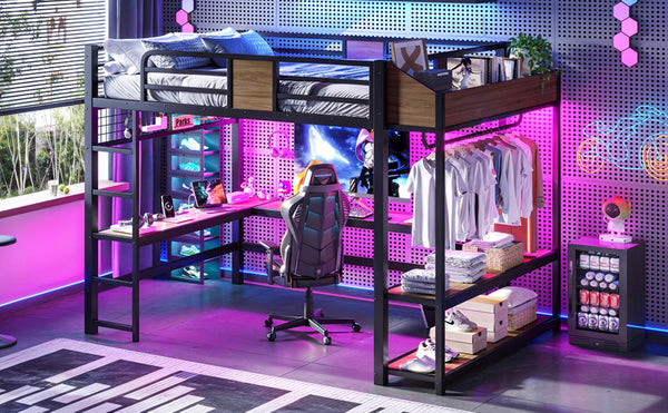 English Elm Queen Metal Loft Bed with L-shaped Desk Storage Shelves Led Lights and Usb Ports W5305S00051