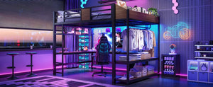 English Elm Queen Metal Loft Bed with L-shaped Desk Storage Shelves Led Lights and Usb Ports W5305S00051