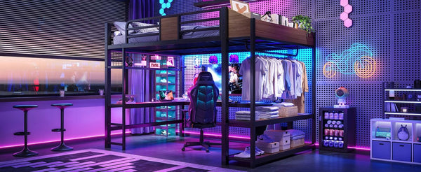 English Elm Queen Metal Loft Bed with L-shaped Desk Storage Shelves Led Lights and Usb Ports W5305S00051