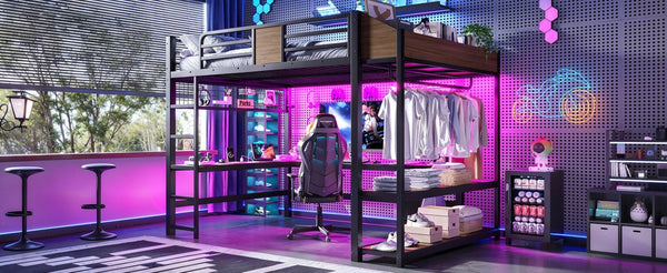English Elm Queen Metal Loft Bed with L-shaped Desk Storage Shelves Led Lights and Usb Ports W5305S00051