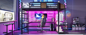 English Elm Queen Metal Loft Bed with L-shaped Desk Storage Shelves Led Lights and Usb Ports W5305S00051