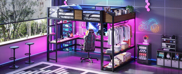 English Elm Queen Metal Loft Bed with L-shaped Desk Storage Shelves Led Lights and Usb Ports W5305S00051