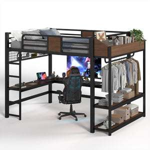 English Elm Queen Metal Loft Bed with L-shaped Desk Storage Shelves Led Lights and Usb Ports W5305S00051