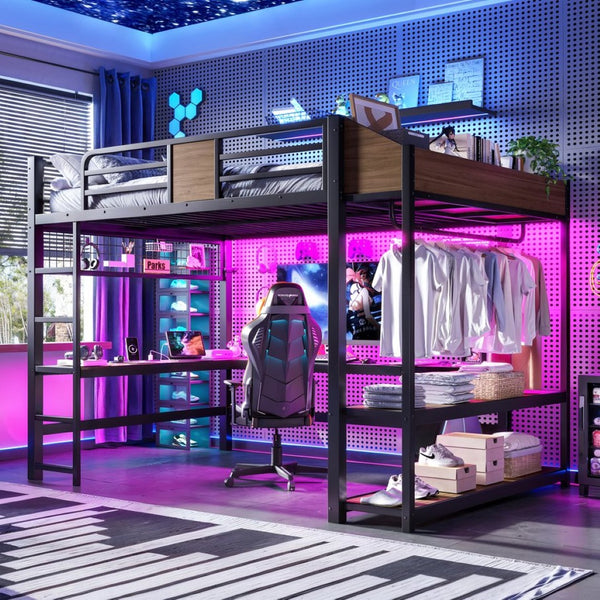 English Elm Queen Metal Loft Bed with L-shaped Desk Storage Shelves Led Lights and Usb Ports W5305S00051