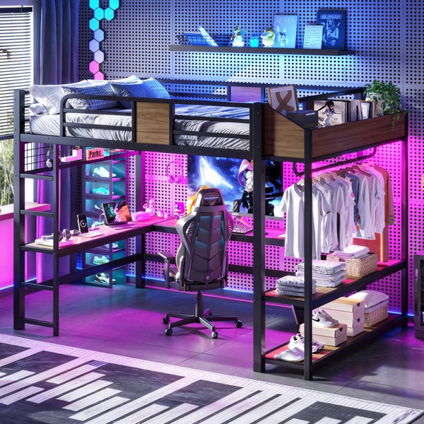 English Elm Queen Metal Loft Bed with L-shaped Desk Storage Shelves Led Lights and Usb Ports W5305S00051