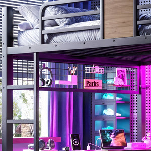 English Elm Queen Metal Loft Bed with L-shaped Desk Storage Shelves Led Lights and Usb Ports W5305S00051