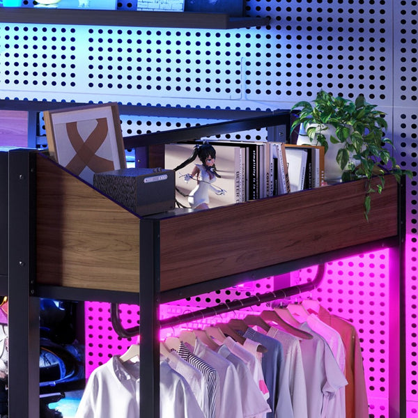 English Elm Queen Metal Loft Bed with L-shaped Desk Storage Shelves Led Lights and Usb Ports W5305S00051