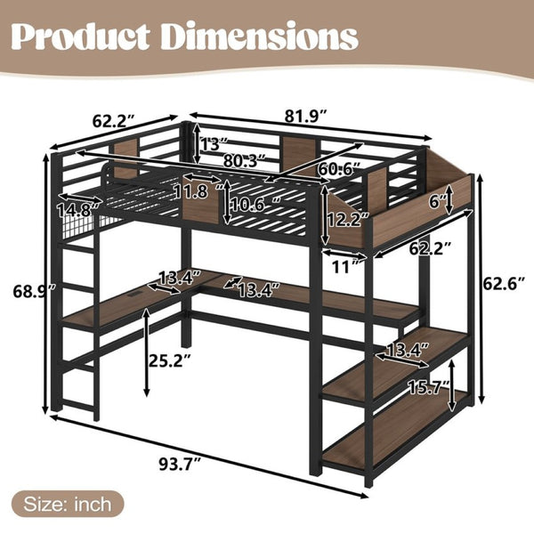 English Elm Queen Metal Loft Bed with L-shaped Desk Storage Shelves Led Lights and Usb Ports W5305S00051