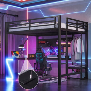 English Elm Queen Metal Loft Bed with L-shaped Desk Usb Ports Pegboard and Gaming Ambient Lights W5305S00053
