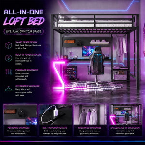 English Elm Queen Metal Loft Bed with L-shaped Desk Usb Ports Pegboard and Gaming Ambient Lights W5305S00053