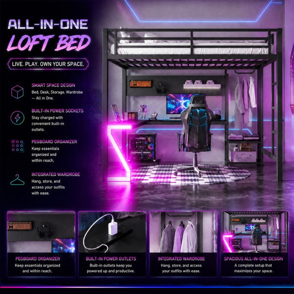English Elm Queen Metal Loft Bed with L-shaped Desk Usb Ports Pegboard and Gaming Ambient Lights W5305S00053