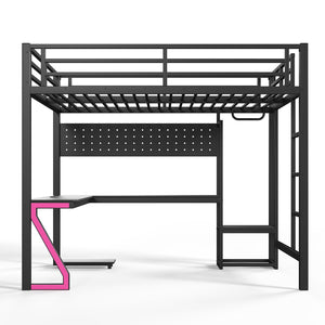 English Elm Queen Metal Loft Bed with L-shaped Desk Usb Ports Pegboard and Gaming Ambient Lights W5305S00053