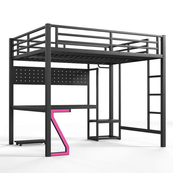 English Elm Queen Metal Loft Bed with L-shaped Desk Usb Ports Pegboard and Gaming Ambient Lights W5305S00053