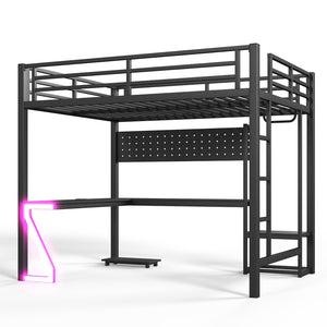 English Elm Queen Metal Loft Bed with L-shaped Desk Usb Ports Pegboard and Gaming Ambient Lights W5305S00053