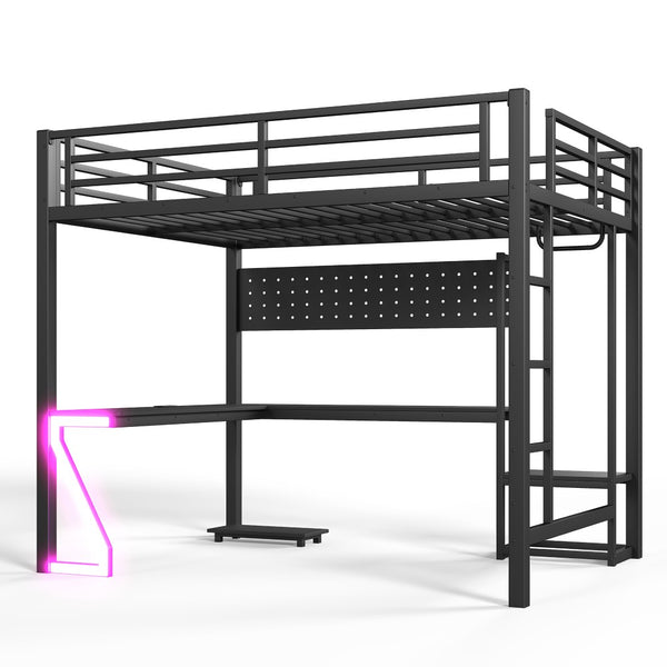 English Elm Queen Metal Loft Bed with L-shaped Desk Usb Ports Pegboard and Gaming Ambient Lights W5305S00053