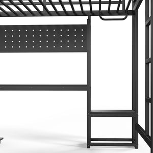 English Elm Queen Metal Loft Bed with L-shaped Desk Usb Ports Pegboard and Gaming Ambient Lights W5305S00053