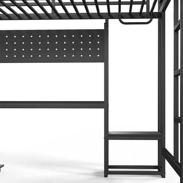 English Elm Queen Metal Loft Bed with L-shaped Desk Usb Ports Pegboard and Gaming Ambient Lights W5305S00053