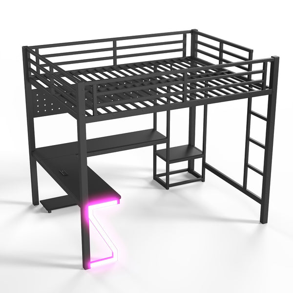 English Elm Queen Metal Loft Bed with L-shaped Desk Usb Ports Pegboard and Gaming Ambient Lights W5305S00053