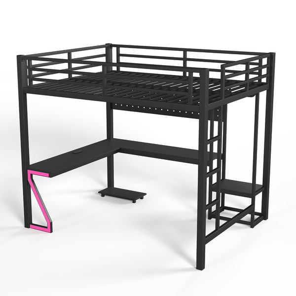 English Elm Queen Metal Loft Bed with L-shaped Desk Usb Ports Pegboard and Gaming Ambient Lights W5305S00053