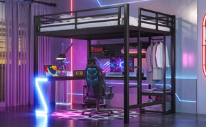 English Elm Queen Metal Loft Bed with L-shaped Desk Usb Ports Pegboard and Gaming Ambient Lights W5305S00053
