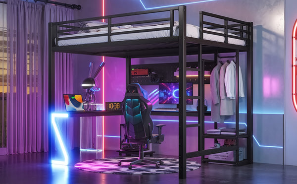 English Elm Queen Metal Loft Bed with L-shaped Desk Usb Ports Pegboard and Gaming Ambient Lights W5305S00053