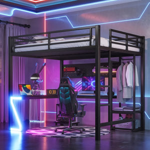 English Elm Queen Metal Loft Bed with L-shaped Desk Usb Ports Pegboard and Gaming Ambient Lights W5305S00053
