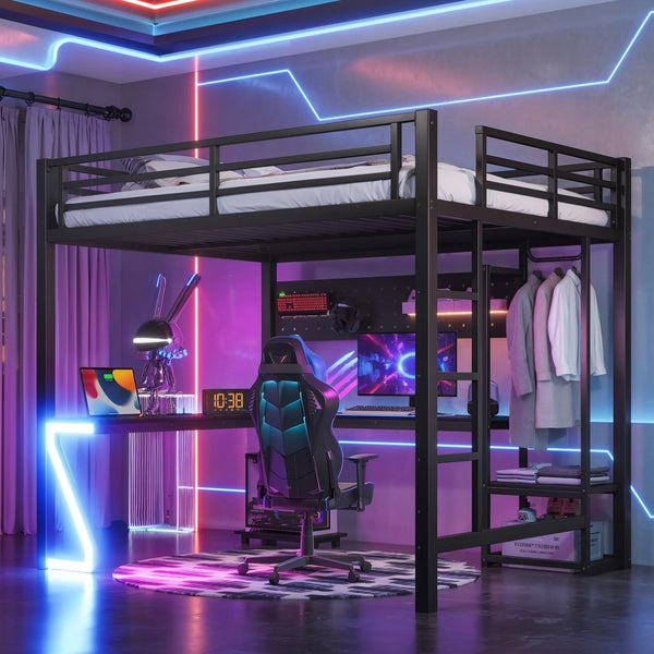 English Elm Queen Metal Loft Bed with L-shaped Desk Usb Ports Pegboard and Gaming Ambient Lights W5305S00053