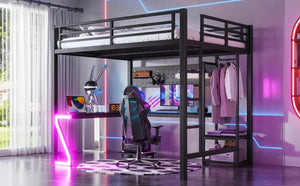 English Elm Queen Metal Loft Bed with L-shaped Desk Usb Ports Pegboard and Gaming Ambient Lights W5305S00053