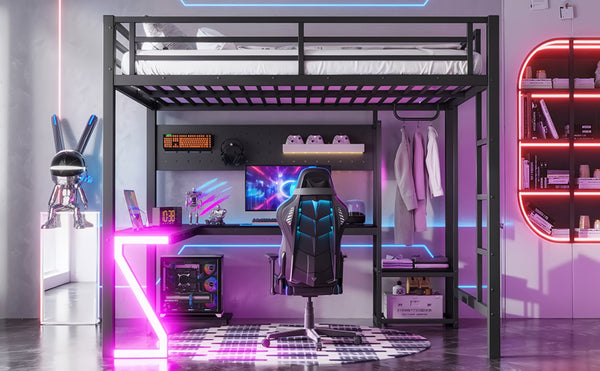 English Elm Queen Metal Loft Bed with L-shaped Desk Usb Ports Pegboard and Gaming Ambient Lights W5305S00053