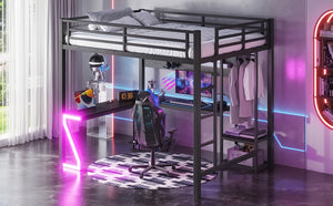 English Elm Queen Metal Loft Bed with L-shaped Desk Usb Ports Pegboard and Gaming Ambient Lights W5305S00053
