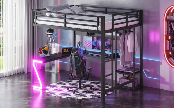 English Elm Queen Metal Loft Bed with L-shaped Desk Usb Ports Pegboard and Gaming Ambient Lights W5305S00053