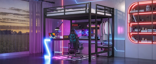 English Elm Queen Metal Loft Bed with L-shaped Desk Usb Ports Pegboard and Gaming Ambient Lights W5305S00053