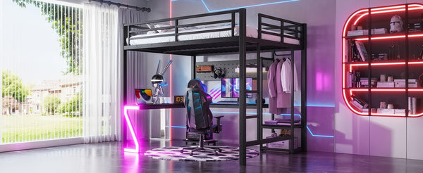 English Elm Queen Metal Loft Bed with L-shaped Desk Usb Ports Pegboard and Gaming Ambient Lights W5305S00053