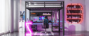 English Elm Queen Metal Loft Bed with L-shaped Desk Usb Ports Pegboard and Gaming Ambient Lights W5305S00053