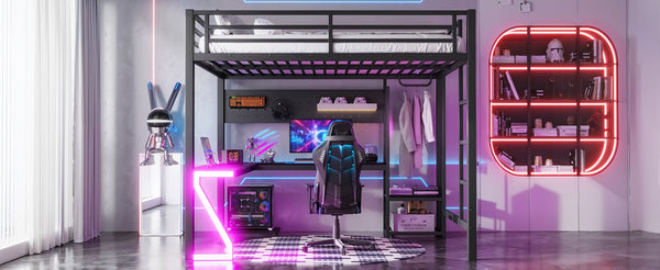 English Elm Queen Metal Loft Bed with L-shaped Desk Usb Ports Pegboard and Gaming Ambient Lights W5305S00053