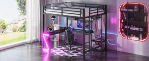 English Elm Queen Metal Loft Bed with L-shaped Desk Usb Ports Pegboard and Gaming Ambient Lights W5305S00053