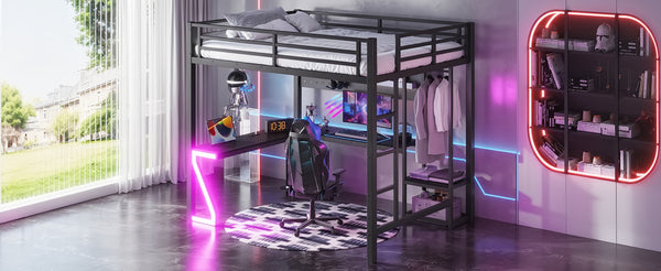 English Elm Queen Metal Loft Bed with L-shaped Desk Usb Ports Pegboard and Gaming Ambient Lights W5305S00053
