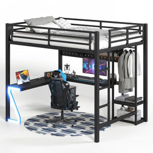 English Elm Queen Metal Loft Bed with L-shaped Desk Usb Ports Pegboard and Gaming Ambient Lights W5305S00053