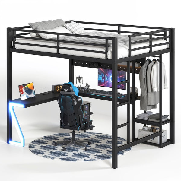 English Elm Queen Metal Loft Bed with L-shaped Desk Usb Ports Pegboard and Gaming Ambient Lights W5305S00053