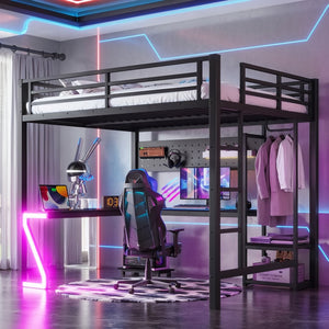 English Elm Queen Metal Loft Bed with L-shaped Desk Usb Ports Pegboard and Gaming Ambient Lights W5305S00053