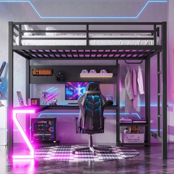 English Elm Queen Metal Loft Bed with L-shaped Desk Usb Ports Pegboard and Gaming Ambient Lights W5305S00053
