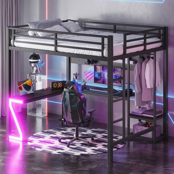 English Elm Queen Metal Loft Bed with L-shaped Desk Usb Ports Pegboard and Gaming Ambient Lights W5305S00053