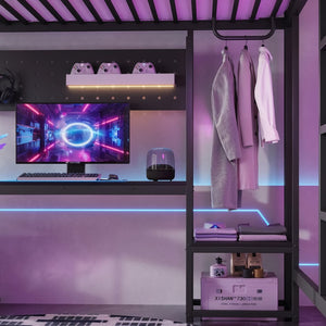 English Elm Queen Metal Loft Bed with L-shaped Desk Usb Ports Pegboard and Gaming Ambient Lights W5305S00053