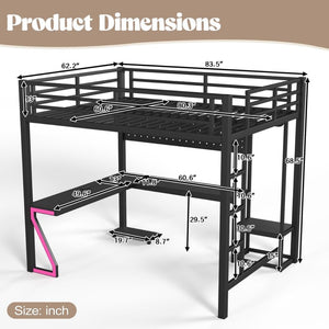 English Elm Queen Metal Loft Bed with L-shaped Desk Usb Ports Pegboard and Gaming Ambient Lights W5305S00053