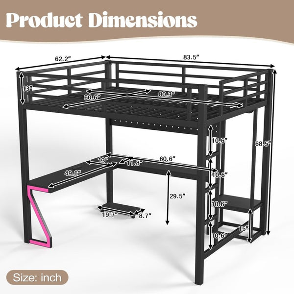 English Elm Queen Metal Loft Bed with L-shaped Desk Usb Ports Pegboard and Gaming Ambient Lights W5305S00053