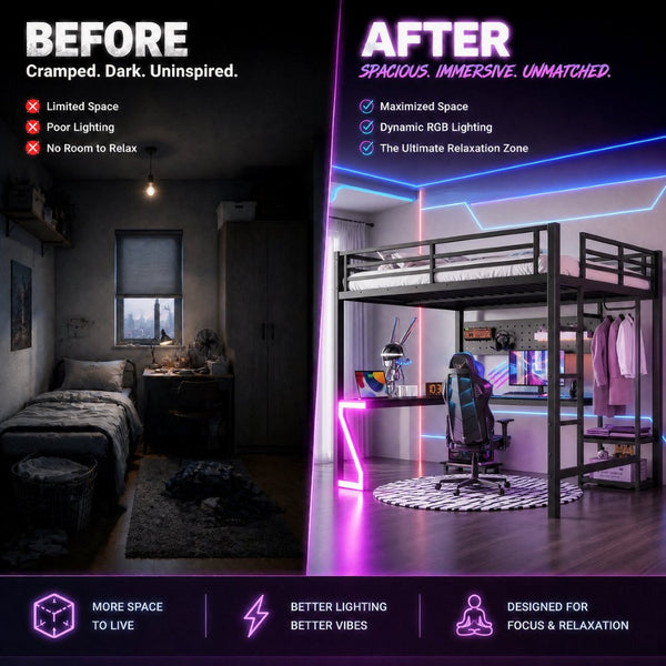 English Elm Queen Metal Loft Bed with L-shaped Desk Usb Ports Pegboard and Gaming Ambient Lights W5305S00053
